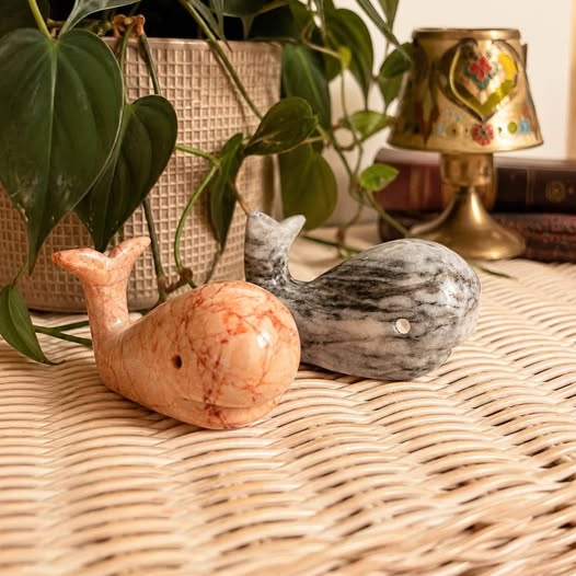 Vintage Marble Whale Figurines, gallery view