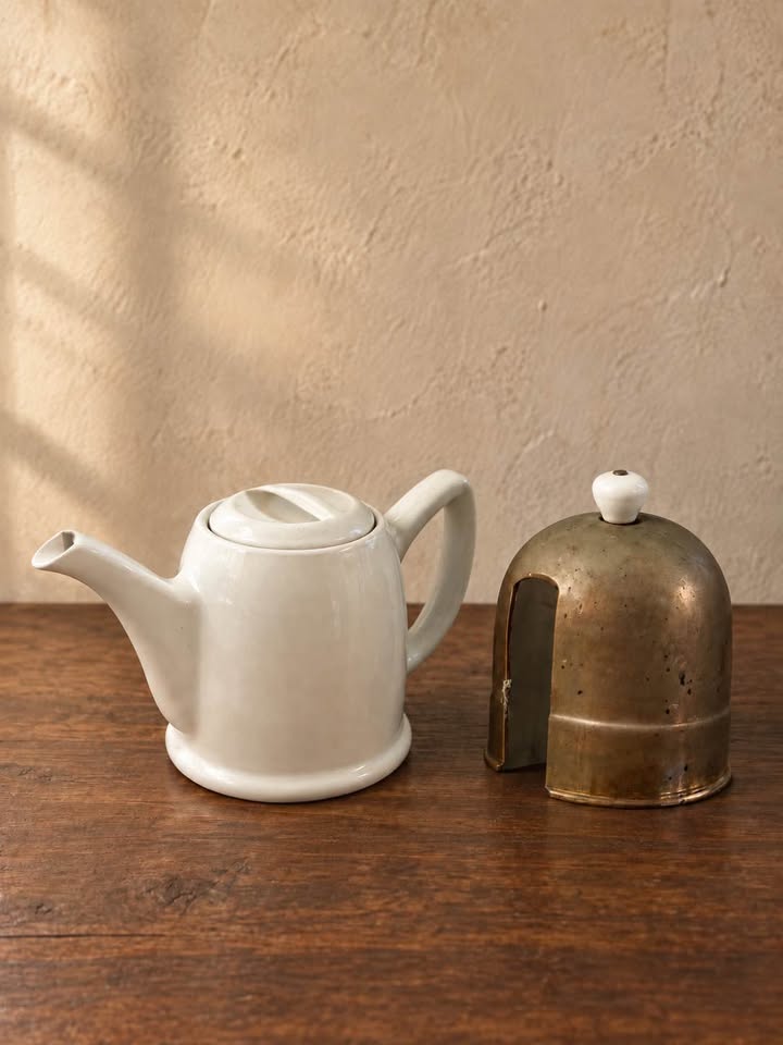 Vintage Ceramic Tea Set | White Glaze & Patinated Metal, gallery view 4