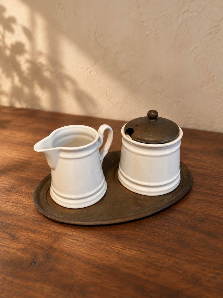 Vintage Ceramic Tea Set | White Glaze & Patinated Metal, gallery view 7