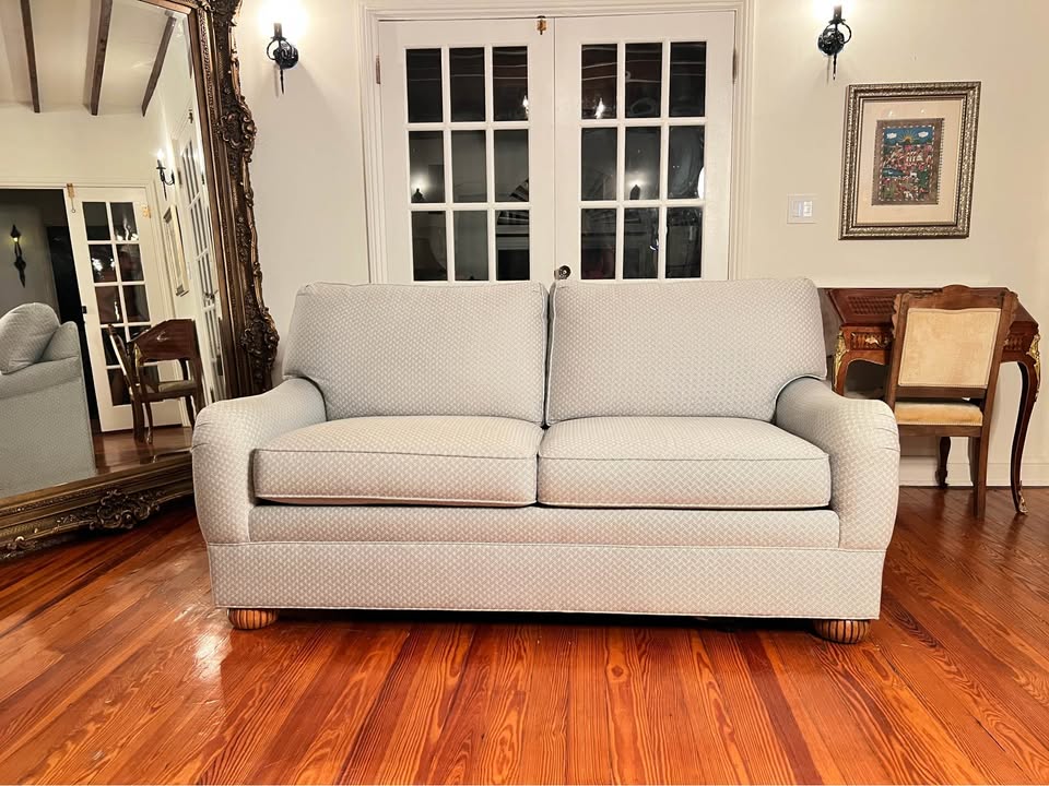 Ethan Allen Featherblend Loveseat | Blue & Ivory Upholstery, gallery view 7