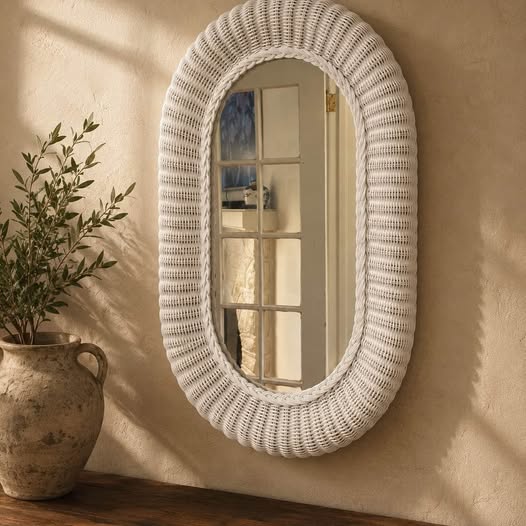 White Wicker Wall Mirror, gallery view