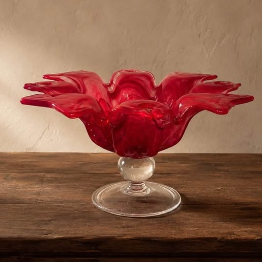 Red Art Glass Pedestal Bowl, gallery view