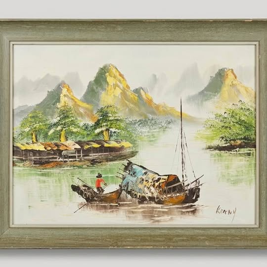 Vintage Asian River Landscape Painting, gallery view