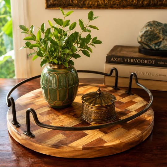 Round Parquet Wood & Iron Tray, gallery view