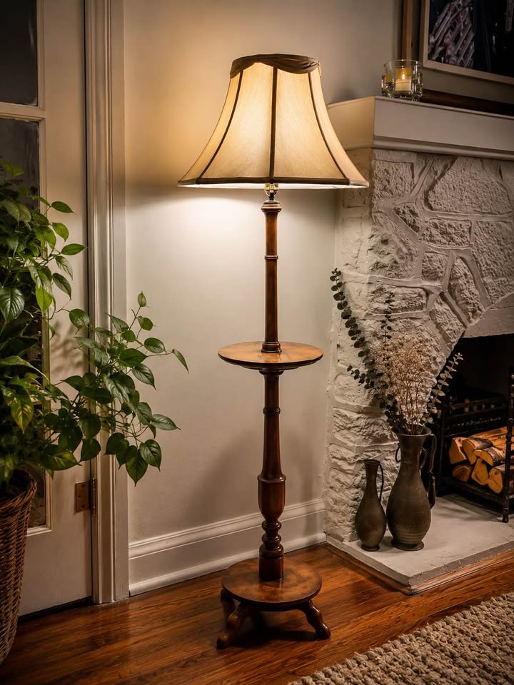 MCM Wood Floor Lamp with Table, gallery view