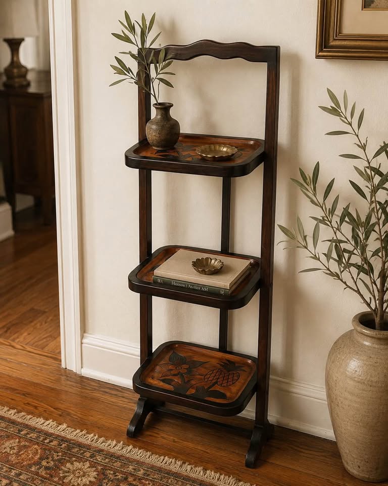 Vintage Carved Wood 3-Tier Folding Stand or Shelf, gallery view