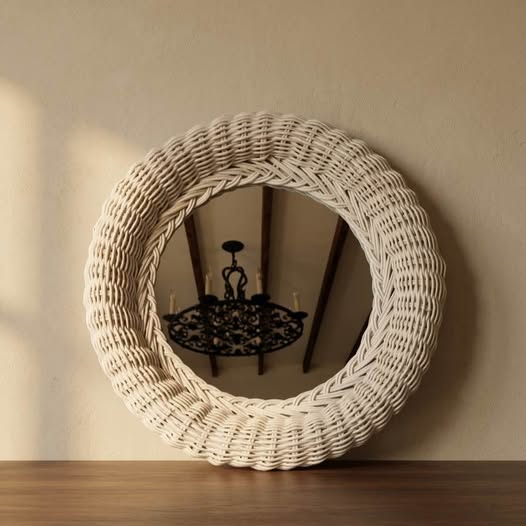 Small White Wicker Round Mirror, gallery view