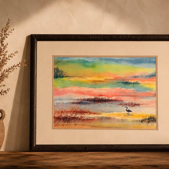 Large Framed Coastal Watercolor, gallery view